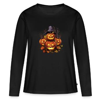 Horde de citrouilles d’Halloween effrayantes aux yeux brillants - T-shirt manches longues Premium bio Femme - noir - Devant - Julia (174cm)