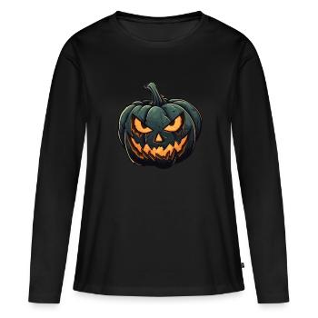 Drôle de citrouille d’Halloween aux yeux brillants - T-shirt manches longues Premium bio Femme - noir - Devant - Julia (174cm)