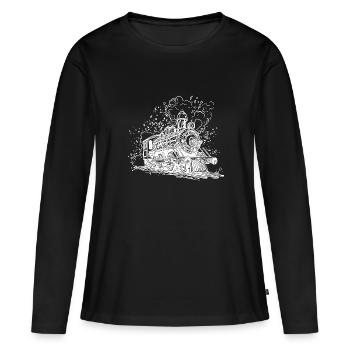 Rauchende Dampflokomotive auf Gleisen unter Dampf - Frauen Premium Bio Langarmshirt - Schwarz - Vorne - Julia (174cm)