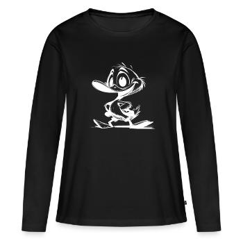 Dessin d’un bébé canard avec un énorme bec - T-shirt manches longues Premium bio Femme - noir - Devant - Julia (174cm)