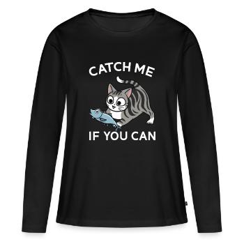 Niedliche getigerte Katze mit einem Fisch - Frauen Premium Bio Langarmshirt - Schwarz - Vorne - Julia (174cm)