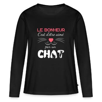 le bonheur c est d être aimé par un chat - T-shirt manches longues Premium bio Femme - noir - Devant - Julia (174cm)