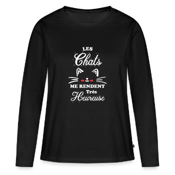 Les chats me rendent très heureuse - T-shirt manches longues Premium bio Femme - noir - Devant - Julia (174cm)