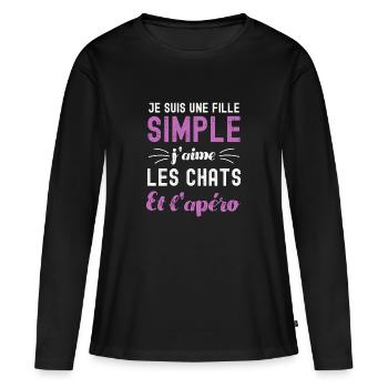 Une fille simple j aime les chats et l apéro - T-shirt manches longues Premium bio Femme - noir - Devant - Julia (174cm)