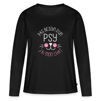 Pas besoin d un psy j ai mon chat chaton doux - T-shirt manches longues Premium bio Femme - noir - Devant - Julia (174cm)