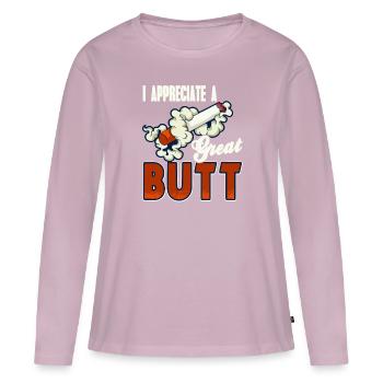 J’apprécie un super t-shirt fumeur drôle de fesses - T-shirt manches longues Premium bio Femme - rose poudré - Devant - Julia (174cm)
