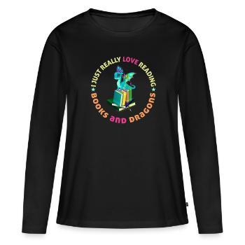J’adore lire des livres et des dragons - T-shirt manches longues Premium bio Femme - noir - Devant - Julia (174cm)