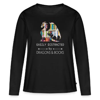Facilement distrait par les dragons et la lecture de livres - T-shirt manches longues Premium bio Femme - noir - Devant - Julia (174cm)