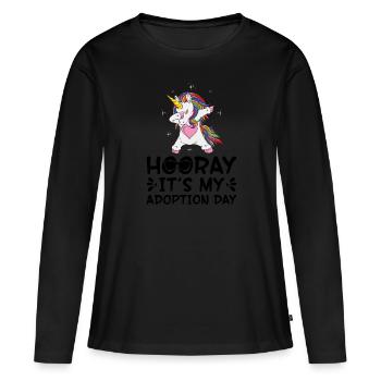 Hourra, aujourd’hui est mon jour d’adoption - T-shirt manches longues Premium bio Femme - noir - Devant - Julia (174cm)