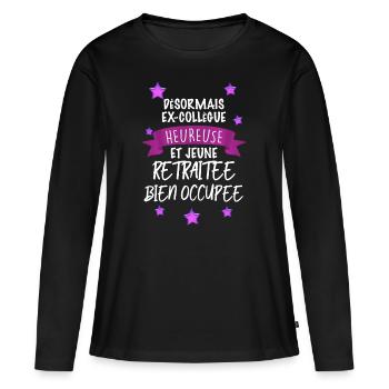 Collègue cadeau humour départ retraite Femme - T-shirt manches longues Premium bio Femme - noir - Devant - Julia (174cm)