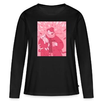Fille en vêtements chauds avec un chat - T-shirt manches longues Premium bio Femme - noir - Devant - Julia (174cm)