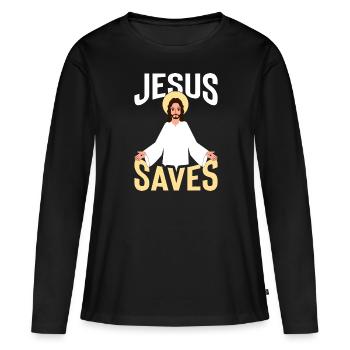 Jesus Saves mit Heiligen schein - Frauen Premium Bio Langarmshirt - Schwarz - Vorne - Julia (174cm)