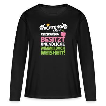 Erzieherin Abschied Wimmelbuch Weisheit Kita - Frauen Premium Bio Langarmshirt - Schwarz - Vorne - Julia (174cm)
