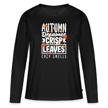 Automne Rêveur Feuilles Croustillantes Odeurs confortables Automne - T-shirt manches longues Premium bio Femme - noir - Devant - Julia (174cm)