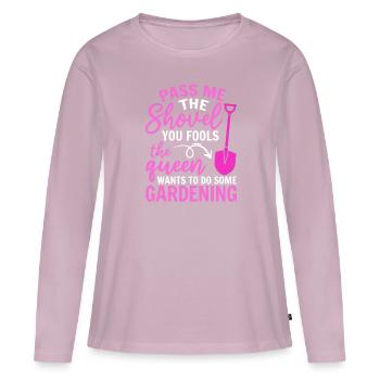 Spade ici, imbécile, la reine veut jardiner - T-shirt manches longues Premium bio Femme - rose poudré - Devant - Julia (174cm)