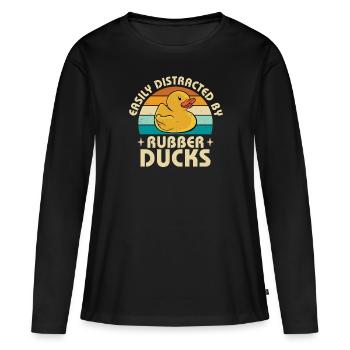 Retro Easily Distracted By Rubber Ducks Duckling V - Frauen Premium Bio Langarmshirt - Schwarz - Vorne - Julia (174cm)