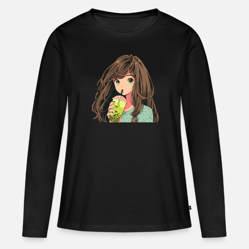 Anime and Boba Bubble Tea - Frauen Premium Bio Langarmshirt - Schwarz