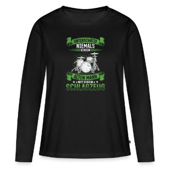 Unterschätze niemals einen Mann mit ein Schlagzeug - Frauen Premium Bio Langarmshirt - Schwarz - Vorne - Julia (174cm)