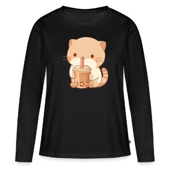 Boissons pour chats kawaii Boba Bubble Tea Chibi - T-shirt manches longues Premium bio Femme - noir - Devant - Julia (174cm)