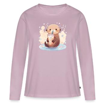 Kawaii Loutre Boissons Boba Bubble Tea Chibi - T-shirt manches longues Premium bio Femme - rose poudré - Devant - Julia (174cm)