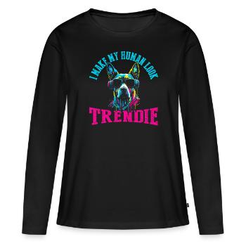 Ich mache meinen Menschen trendig - Frauen Premium Bio Langarmshirt - Schwarz - Vorne - Julia (174cm)