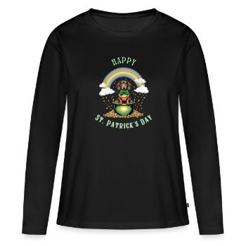 Teckel arc-en-ciel I Pot d’or Saint-Patrick - T-shirt manches longues Premium bio Femme - noir - Devant - Julia (174cm)