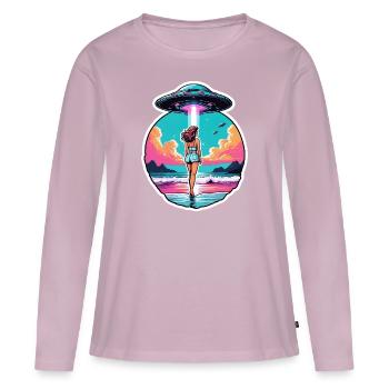 Woman at the shore walking towards a UFO. - Women's Premium Organic Long Sleeve Shirt - dusky pink - Front - Julia (174cm)
