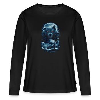 Wikinger – Wölfe & Schiff im Mondlicht - Frauen Premium Bio Langarmshirt - Schwarz - Vorne - Julia (174cm)