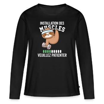 Muskelinstallation: Bitte warten - Frauen Premium Bio Langarmshirt - Schwarz - Vorne - Julia (174cm)