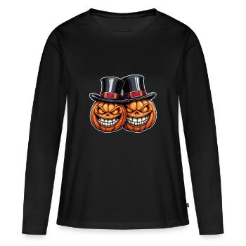 Deux citrouilles d’Halloween souriantes avec des chapeaux haut-de-forme - T-shirt manches longues Premium bio Femme - noir - Devant - Julia (174cm)