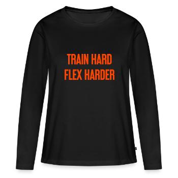 Train Hard Flex Harder - Frauen Premium Bio Langarmshirt - Schwarz - Vorne - Julia (174cm)