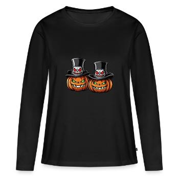 Deux citrouilles d’Halloween souriantes avec des chapeaux haut-de-forme - T-shirt manches longues Premium bio Femme - noir - Devant - Julia (174cm)