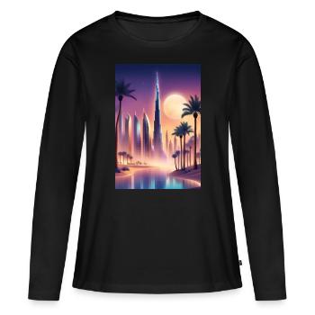 Große Palmen und ein hohes Hochhaus - Frauen Premium Bio Langarmshirt - Schwarz - Vorne - Julia (174cm)