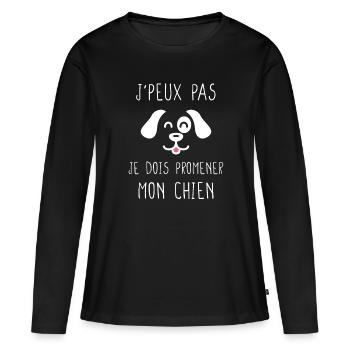 J'peux pas / promener mon chien / humour animal - T-shirt manches longues Premium bio Femme - noir - Devant - Julia (174cm)