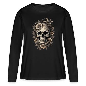 Vintage Sepia Totenkopf Schädel Original Blumen - Frauen Premium Bio Langarmshirt - Schwarz - Vorne - Julia (174cm)