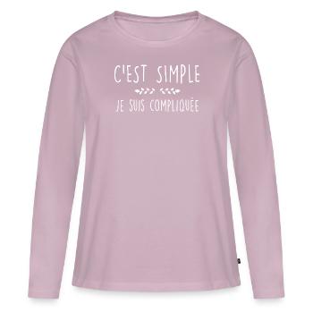 Femme compliquée Cadeau Humour Copine - T-shirt manches longues Premium bio Femme - rose poudré - Devant - Julia (174cm)