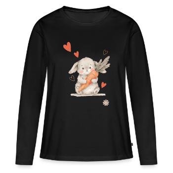 Hase Karotte Herzen Niedlich Waldwesen  - Frauen Premium Bio Langarmshirt - Schwarz - Vorne - Julia (174cm)