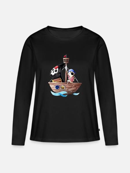 Kleiner Pirat mit seinem Schiff - Frauen Premium Bio Langarmshirt - Schwarz