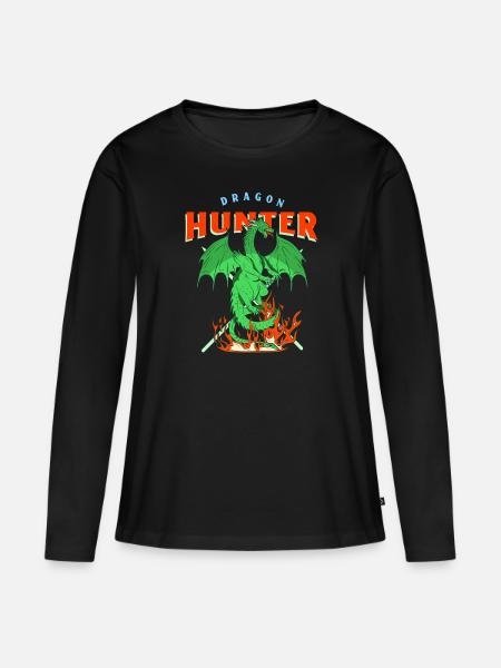 Drachen spuckt Feuer Geschenk Zeichentrickfigur - Frauen Premium Bio Langarmshirt - Schwarz