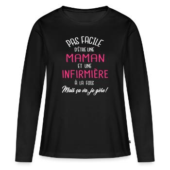 Pas facile d'être maman et infirmière - T-shirt manches longues Premium bio Femme - noir - Devant - Julia (174cm)