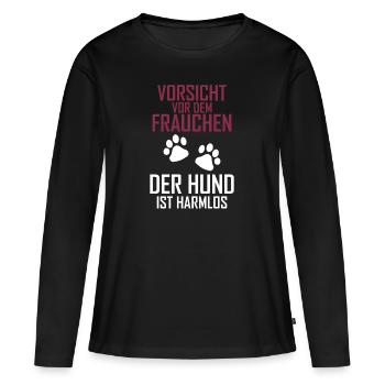 Vorsicht vor dem Frauchen - Frauen Premium Bio Langarmshirt - Schwarz - Vorne - Julia (174cm)