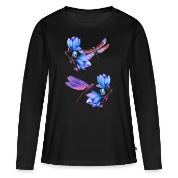 Libellen fliegen zwischen blauen Blumen - Frauen Premium Bio Langarmshirt - Schwarz - Vorne - Julia (174cm)