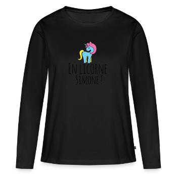 Mit dem Einhorn Simone - Frauen Premium Bio Langarmshirt - Schwarz - Vorne - Julia (174cm)