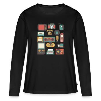 Vintage 90er Jahre Technologie Alte Gadgets TShirt - Frauen Premium Bio Langarmshirt - Schwarz - Vorne - Julia (174cm)