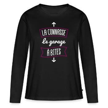 garage à bite | cadeau beauf pour connasse - T-shirt manches longues Premium bio Femme - noir - Devant - Julia (174cm)