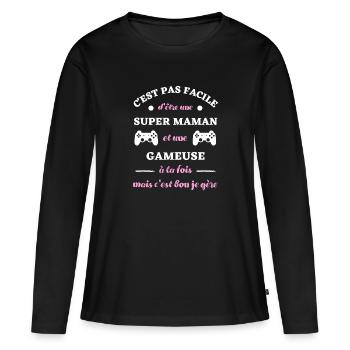 maman gameuse humour geek femme idée cadeau gaming - T-shirt manches longues Premium bio Femme - noir - Devant - Julia (174cm)