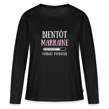 Bientôt Marraine Bébé Humour Annonce Grossesse - T-shirt manches longues Premium bio Femme - noir - Devant - Julia (174cm)