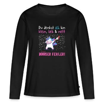 Einhorn Sarkasmus Spruch klein lieb böser Fehler - Frauen Premium Bio Langarmshirt - Schwarz - Vorne - Julia (174cm)