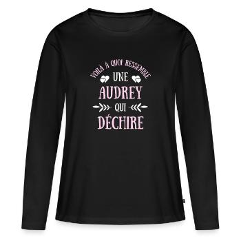 Audrey Qui Déchire Femme Humour Idée Cadeau Drole - T-shirt manches longues Premium bio Femme - noir - Devant - Julia (174cm)