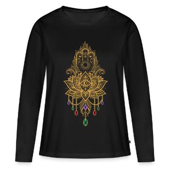 Spiritualité Géométrie Sacrée Fleur de Lotus Zen - T-shirt manches longues Premium bio Femme - noir - Devant - Julia (174cm)
